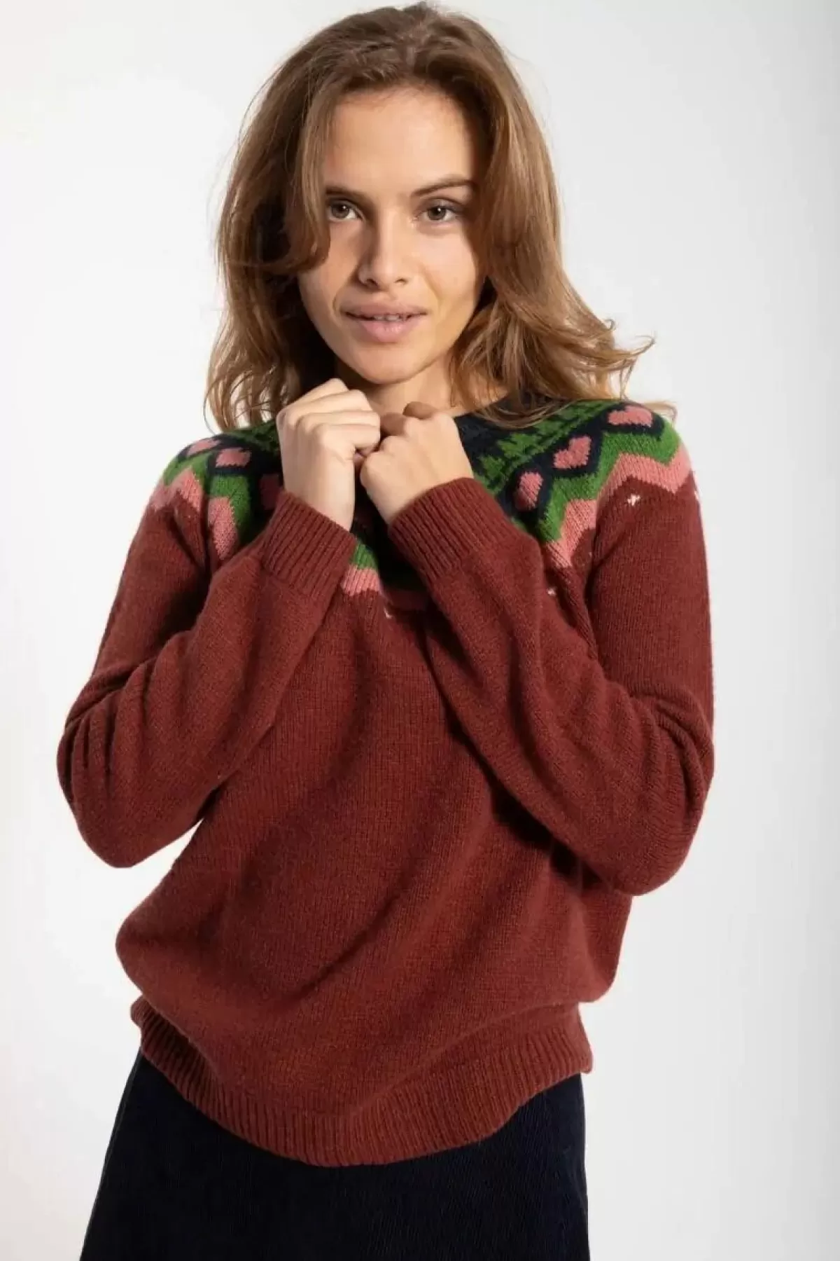 Danefæ Strickwaren>Dananne Wool Sweater Red Wine/Old Rose/Fall Jungle