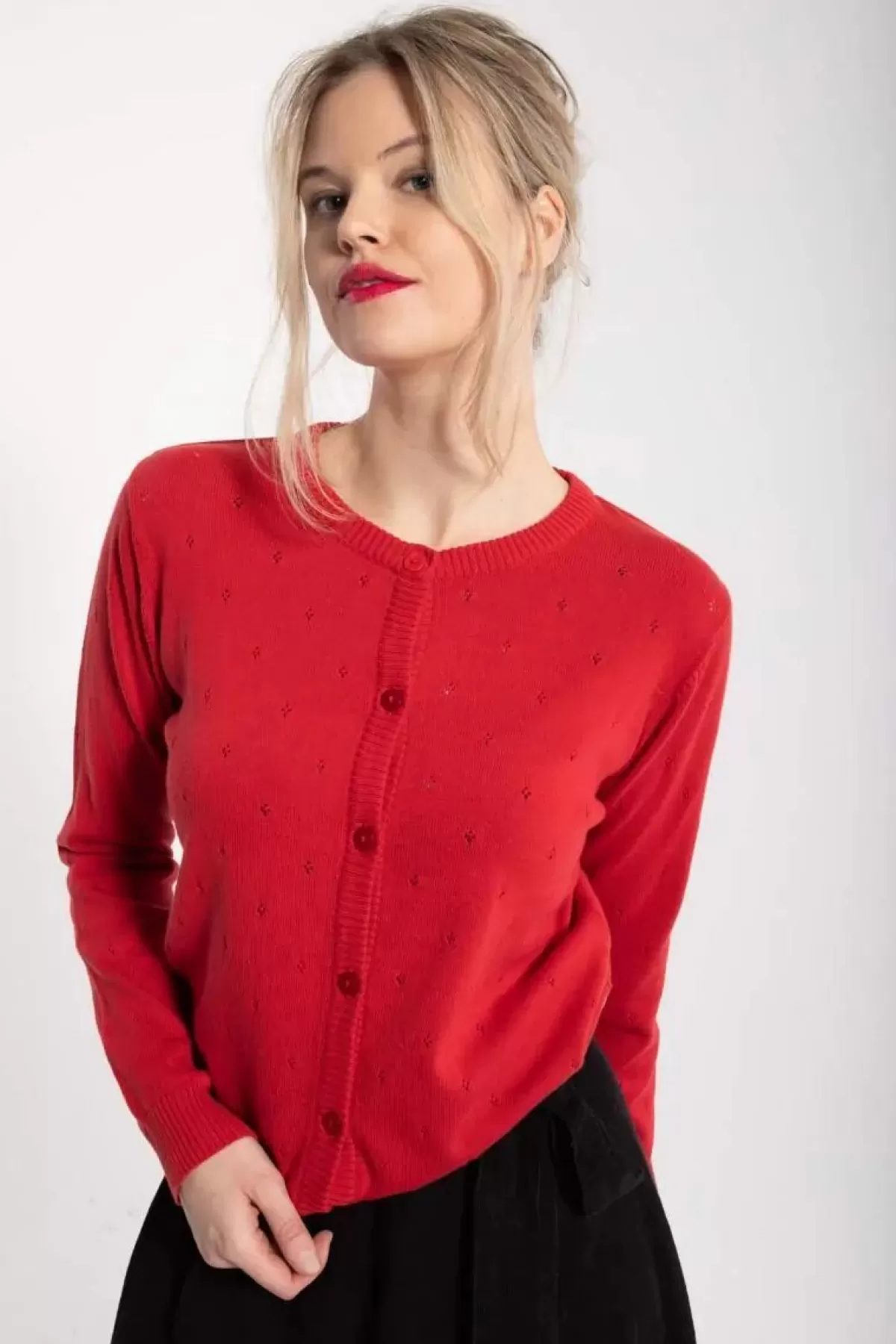 Danefæ Cardigan>Danesaga Hole Knit Cardigan Dk Red