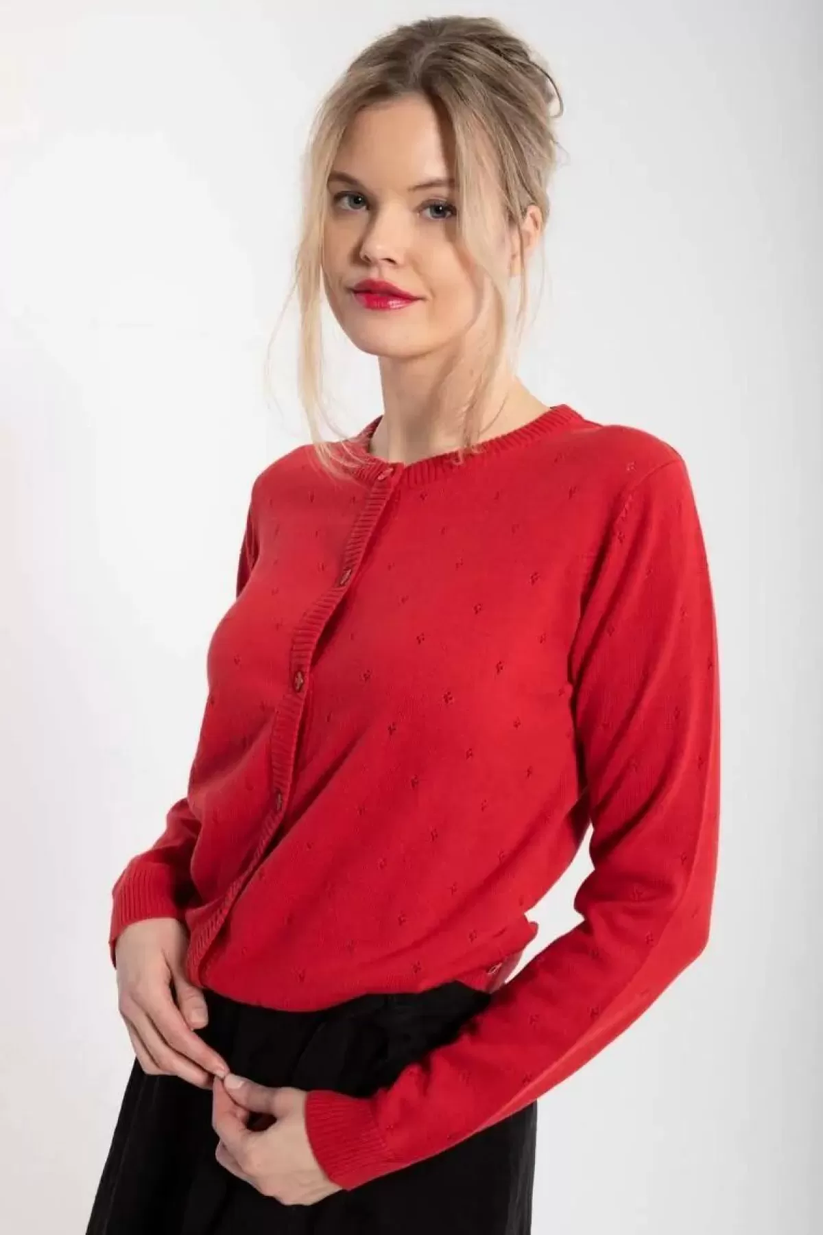 Danefæ Cardigan>Danesaga Hole Knit Cardigan Dk Red