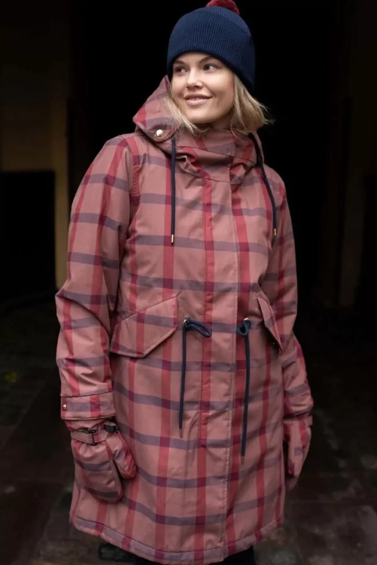 Danefæ Winterjacken>Danesvaneke Plaid Winter Parka Beige Rose/Dark Navy/Redwine