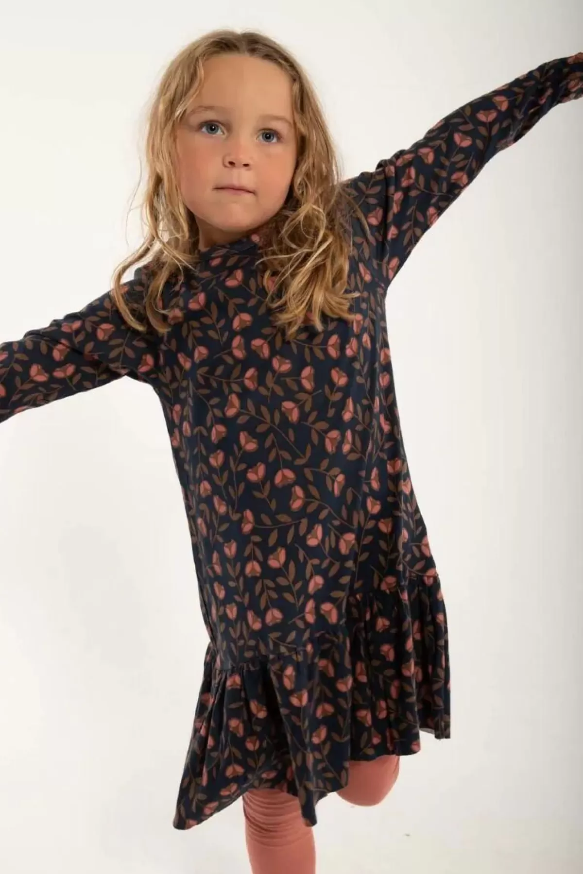 Sale Organic - Daneseahorse Dress Dk Navy/Brown Beige Fleurie Kinder Kleider