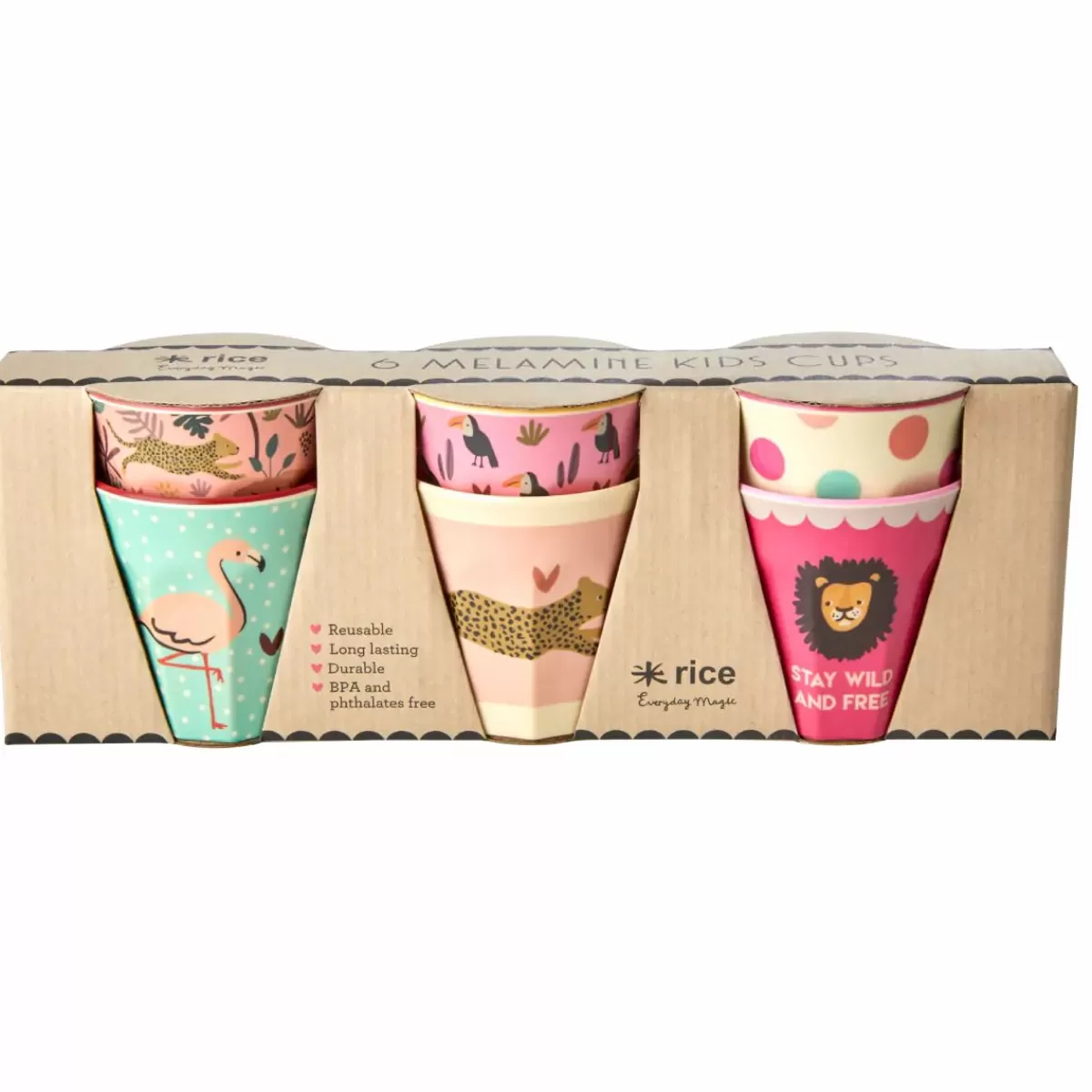 Outlet Rice Melamine Bornekop 6 Stk Pink Jungle Animals Baby Essenszeit